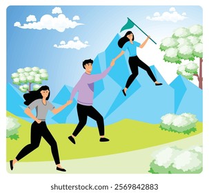 A group of characters collaborates to ascend a mountain with further goals and unity. Flat vector modern illustration 