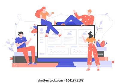 Group Of Characters Colleagues Around A Large Monitor And Books. Online Courses, Webinars, Teamwork. Startups And Dashboard Analysis. Internet Service And New Technologies. Vector Flat Illustration.