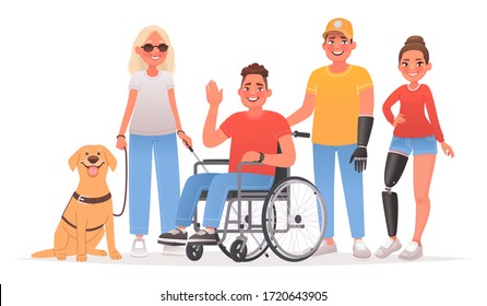 Group of characters with disabilities. People and disability. Blind woman with a guide dog, a guy in a wheelchair, a man and girl with prostheses. Vector illustration in cartoon style