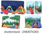 Group Of Characters Enjoying Different Camping Scenarios, With Tents And Sleeping Bags Amidst Nature. Cartoon Vector Images Of Various Camping Activities, Relaxation, And Beauty Of Outdoor Adventures