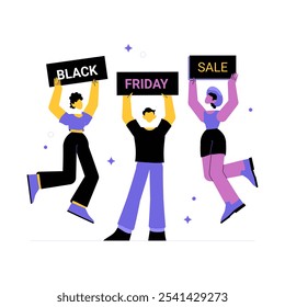 Grupo De Personajes Que Sostienen Iniciar sesión De La Venta Del Viernes Negro Ilustración vectorial Plana Que Simboliza Evento De Compras, Promoción Y Descuento, Aislado Sobre Fondo Blanco.