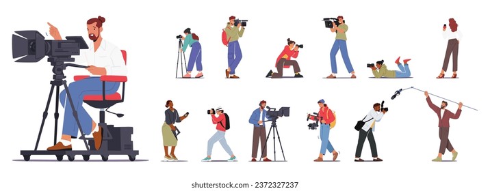 Group Of Characters Holding Photo And Video Cameras, Capturing Moments With Enthusiasm. A Dynamic Blend Of Photographers And Videographers Create Visual Content. Cartoon People Vector Illustration