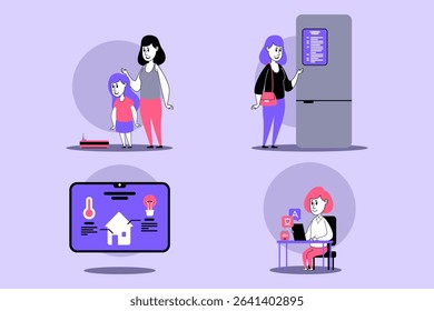 Group of characters interacting with smart home technology. Mothers and children engaged with home devices while exploring energy efficiency and home management