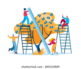 A group of characters measures the money tree. The concept of a vector illustration on the topic of finance and investment.