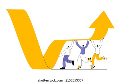 A group of characters picks up a fallen sales arrow. The concept of vector illustration.