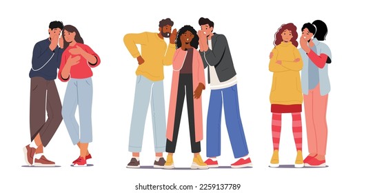 Group Of Characters Quietly Conversing, Whispers Exchanged Amongst Huddled Figures. Intrigue And Secrecy Conveyed Through Hushed Tones And Conspiratorial Postures. Cartoon People Vector Illustration - Shutterstock ID 2259137789