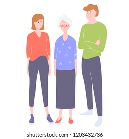 A group of characters relatives. Old lady mom, son and daughter. Stand on a white background.