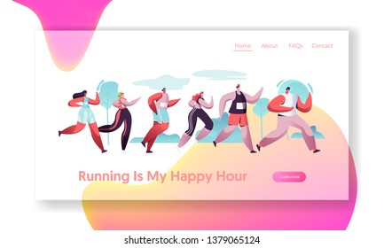 Group of Characters Running Marathon Distance in Raw. Sport Jogging Competition. Athlete Sprinters Sportsmen and Sportswomen. Website Landing Page, Web Page Cartoon Flat Vector Illustration, Banner