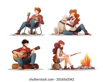 Group of characters for summertime camping, traveling, trip, hiking, camper, nature, journey concept. Isolated vector illustration for poster, banner, cover, card.