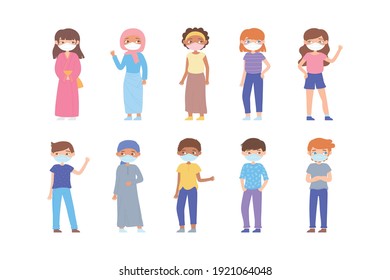 group of characters wearing medical face masks to prevent disease vector illustration