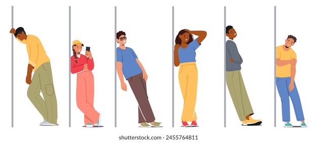 Group Of Characters Wearing Trendy Clothes, Footwear And Hats, Leaning Against A Wall. Their Body Language Showcasing Gestures of Tiredness And Relaxed Postures. Cartoon People Vector Illustration