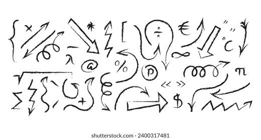 Group of charcoal arrows. Hand drawn arrows, punctuation marks, mathematical symbols. Doodle vector illustration. 