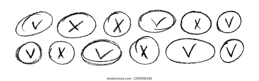 Group of charcoal circle frames with crosses and checkmarks. Hand drawn black charcoal symbols for hand drawn diagrams. Vector doodle marker drawing. Freehand different elements.