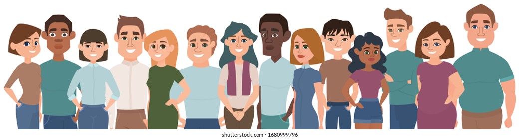 Group charismatic confident smiling people standing together side by side. Horizontal widescreen background. College student and successful businesswoman. Young professionals team. Cartoon characters