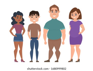 Group of charismatic confident smiling young people standing together. College student and successful businesswoman. Young professionals team. Cartoon characters Vector illustration