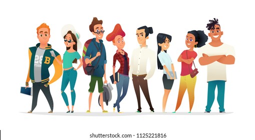 Group Of Charismatic Smiling Young People Standing Together. Students, Schoolchildren, Young Professionals Collection. Cartoon Characters Design For Your Projects