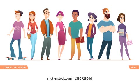 Group of charismatic smiling young people standing together. People and students,  young professionals collection. Cartoon characters design for your projects