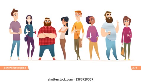 Group of charismatic smiling young people standing together. People and students,  young professionals collection. Cartoon characters design for your projects