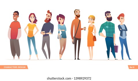 Group of charismatic smiling young people standing together. People and students,  young professionals collection. Cartoon characters design for your projects