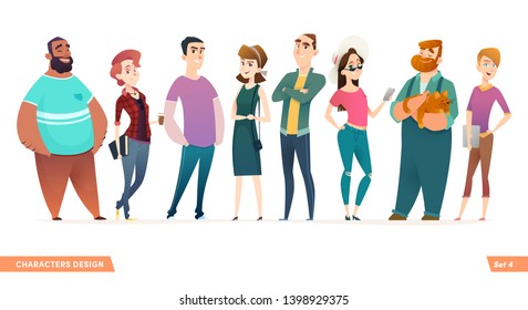 Group of charismatic smiling young people standing together. People and students,  young professionals collection. Cartoon characters design for your projects