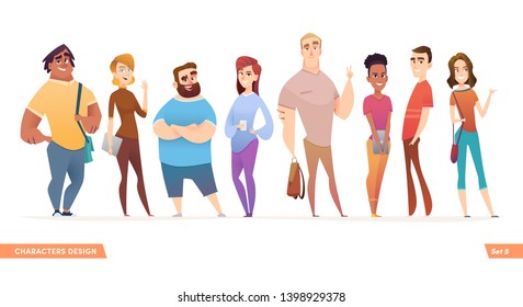 Group of charismatic smiling young people standing together. People and students,  young professionals collection. Cartoon characters design for your projects