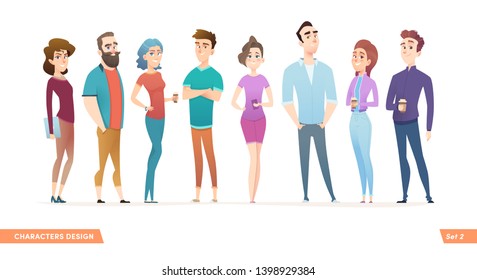 Group of charismatic smiling young people standing together. People and students,  young professionals collection. Cartoon characters design for your projects