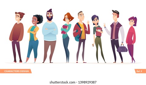 Group of charismatic smiling young people standing together. People and students,  young professionals collection. Cartoon characters design for your projects