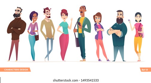 Group of charismatic smiling young people standing together. People and students,  young professionals collection. Cartoon characters design for your projects