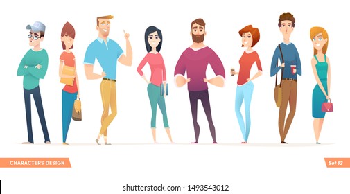 Group of charismatic smiling young people standing together. People and students,  young professionals collection. Cartoon characters design for your projects