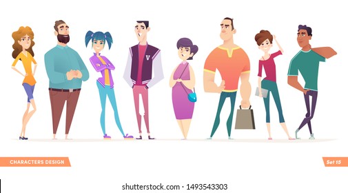 Group of charismatic smiling young people standing together. People and students,  young professionals collection. Cartoon characters design for your projects