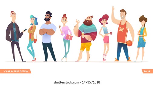 Group of charismatic smiling young people standing together. People and students,  young professionals collection. Cartoon characters design for your projects