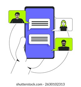 2D-Onboarding-UI-Illustration für den Gruppenchat. Hand haltendes Smartphone mit Messaging-App. Online-Zusammenarbeit. Handy-Chat-Cartoon-Konzept einzeln auf weiß. Flache abstrakte Vektormetapher