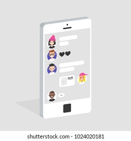 Group chat conceptual illustration. Different elements of online conversation: speech bubbles, icons, file transfer. Isometric Mobile messenger interface. Flat editable vector, clip art