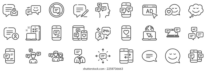 Gruppenchat, Konversation und Sprechblasen bläst Symbole. Nachrichten und Kommunikationssymbole. SMS-Kommunikation, Telefon-Chat und Hör auf sprechende Symbole. Konversationsgruppe, Smartphone-Nachricht, Infos. Vektorgrafik