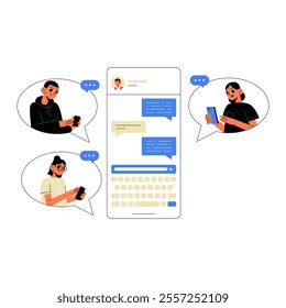 Group Chat With Diverse People Using Smartphones In Flat Vector Illustration Symbolizing Communication, Social Media Interaction, And Networking, Isolated On White Background