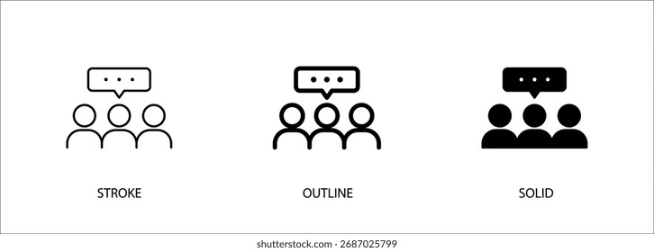 Gruppen-Chatsymbole für Diskussion, Teamarbeit, Verbindung, Kommunikation. Bearbeitbare Vektorstriche, Umrisse und Volumenkörpersymbole.