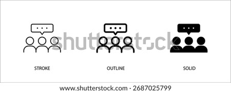 Group chat icons for discussion, teamwork, connection, communication. Editable vector stroke, outline and solid icons.