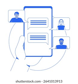 Group chat line onboarding ui illustration. Hand holding smartphone with messaging app. Online collaboration. Mobile phone chatting outline blue 2D concept isolated. Monochrome metaphor vector art