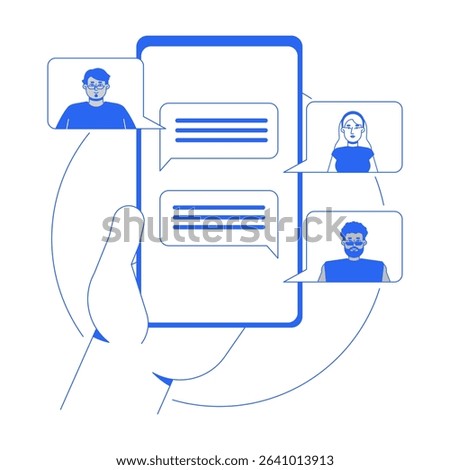 Group chat line onboarding ui illustration. Hand holding smartphone with messaging app. Online collaboration. Mobile phone chatting outline blue 2D concept isolated. Monochrome metaphor vector art