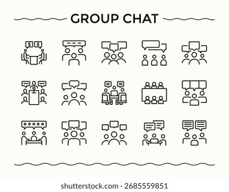 Group Chat modern icon set. Minimalist icons collection. Contains such icons as communication, communication, message, call, phone. Vector illustration. Contact modern icon set.