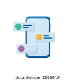 Chat grupal en el icono 3d de la aplicación para smartphone. Burbuja de texto con las rondas de avatares de los usuarios, mensajes abstractos. Conversación en línea de Office, negocios o vector familiar