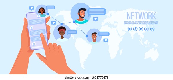 Group Chat Or Online Conference Banner With Map Of The World, Human Hands Holding Smartphone,avatars. Internet Teamwork And Virtual Meeting Concept. Group Chat Illustration With Diverse Peoples’ Faces