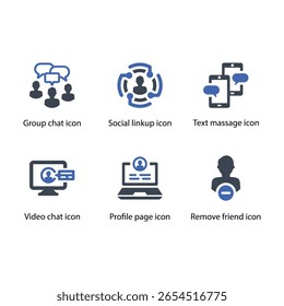 Group chat, Social linkup, Text massage, Video chat, Profile page, Remove friend, icon
