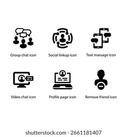 Group chat, Social linkup, Text massage, Video chat, Profile page, Remove friend, icon