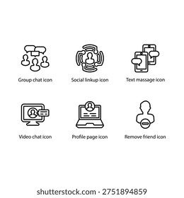 Group chat, Social linkup, Text massage, Video chat, Profile page, Remove friend, icon