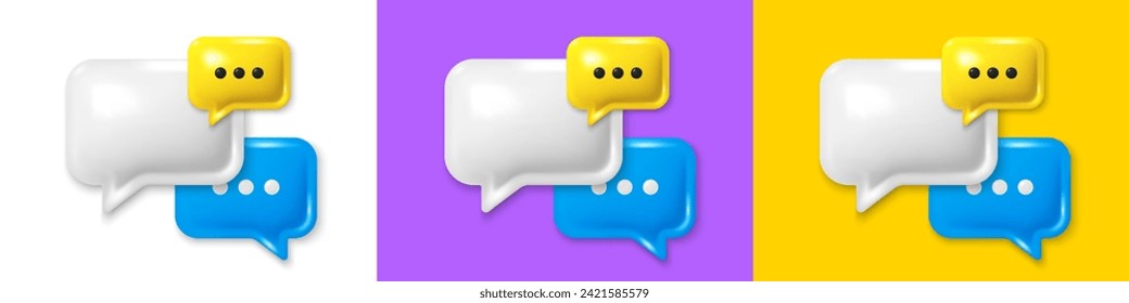 Group chat speech bubble 3d icons. Speak bubble text, chatting box, group chat dialog icon. 3d speech bubbles with ellipsis. Message box, talk cloud and think bubble. Vector illustration