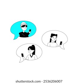 Group Chat With Three People Using Smartphones In Flat Vector Illustration Symbolizing Digital Communication, Networking, And Social Media, Isolated On White Background