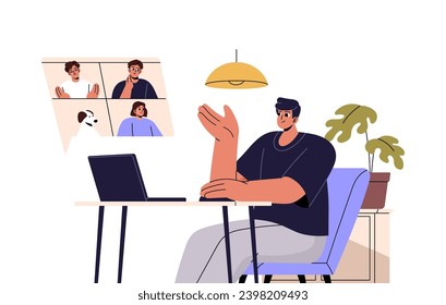 Group chat using video call. Friends talk by videocall, people speak, communicate, team meeting in internet. Online conversation, communication. Remote work. Flat isolated vector illustration on white