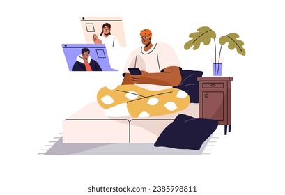 Group chat using video conference, online call. Friends talk on distant videocall, people gossip in internet. Remote conversation, communication by phone. Flat isolated vector illustration on white