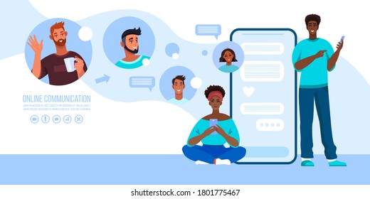 Group chat or virtual meeting banner with young diverse students, smartphone screen, users’ avatars. Online teamwork and internet communication illustration. Group chat concept with smiling people